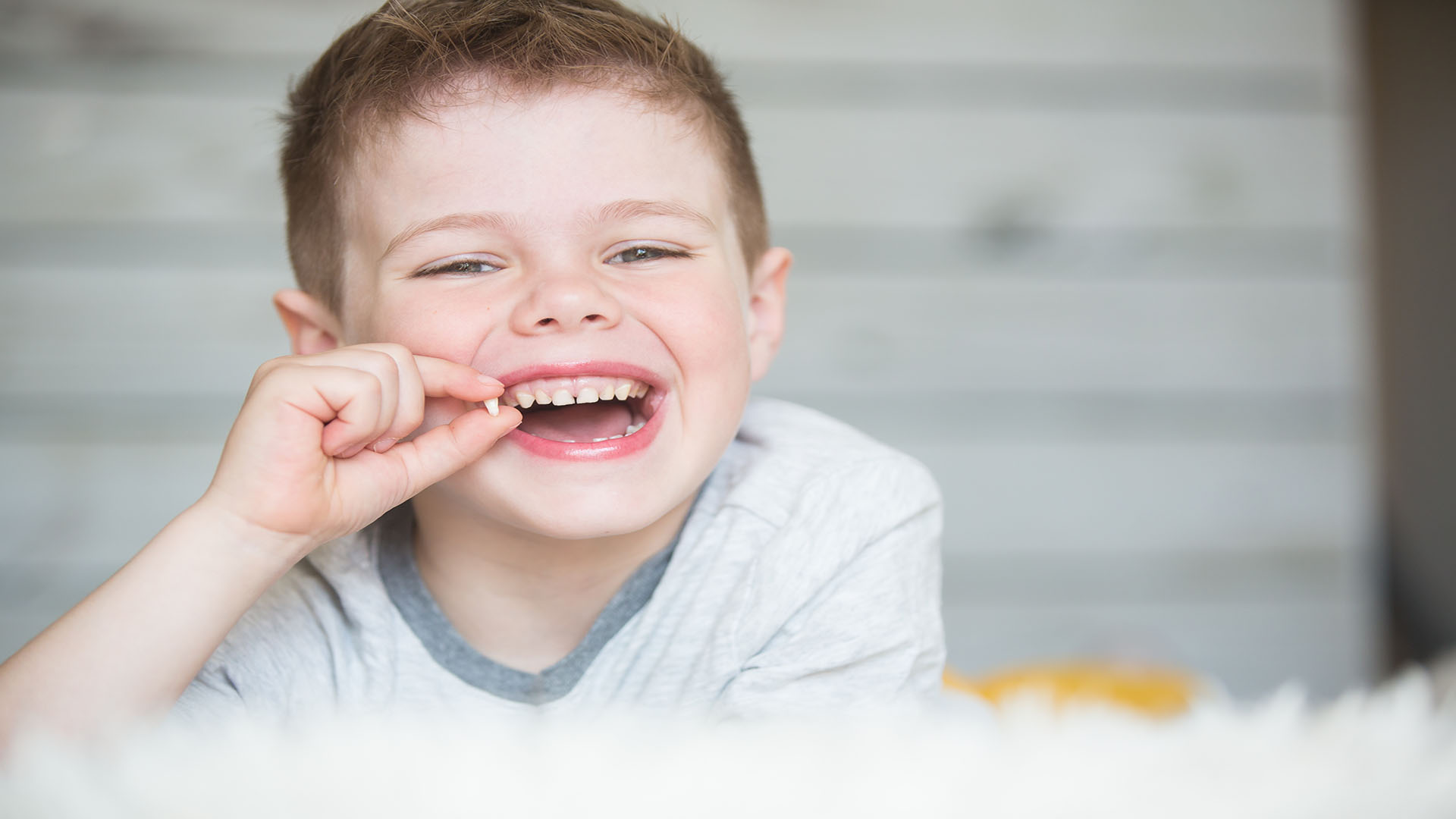young boy smiling and holding his tooth that has just fallen out